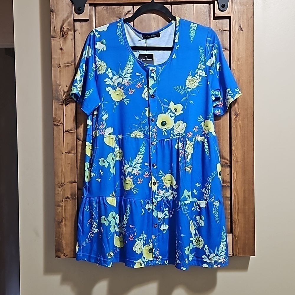 Jolie Clothes Blue Yellow Green Floral Cotton Tiered Coverup Top Size Medium